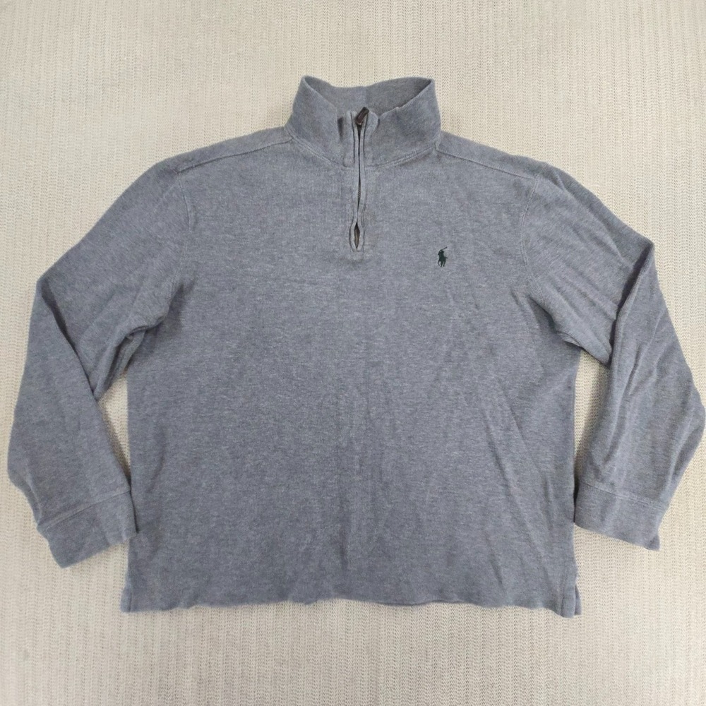 Polo Ralph Lauren Sweater Men Large Gray 1/4 Zip Mock Neck Blue Pony Sweatshirt